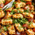 Colorful chicken fajitas arranged on a large white baking sheet, with vibrant red and green bell peppers, sliced onions, and seasoned grilled chicken strips, all slightly charred and glistening with spices, styled with fresh cilantro on top and served alongside lime wedges.