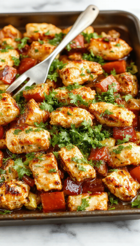 Colorful chicken fajitas arranged on a large white baking sheet, with vibrant red and green bell peppers, sliced onions, and seasoned grilled chicken strips, all slightly charred and glistening with spices, styled with fresh cilantro on top and served alongside lime wedges.