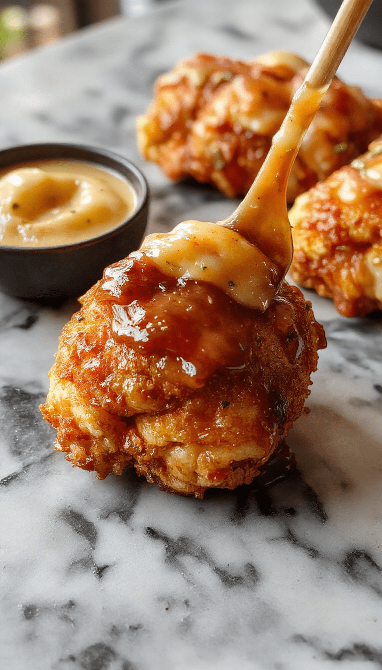 A close-up of golden-brown chicken pieces glazed with honey butter sauce, garnished with fresh herbs on a rustic wooden plate, surrounded by honey drizzles and buttery sauces, with a soft-focus background of a cozy kitchen setting.