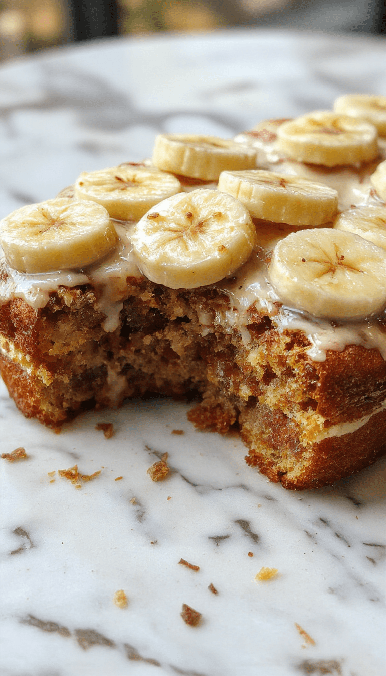 A vibrant image of freshly baked banana bread slices arranged on a rustic wooden platter, drizzled with caramel sauce and garnished with banana slices and sprigs of mint, with a cozy kitchen background and warm lighting highlighting the moist texture and golden crust.