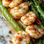 Colorful plate featuring tender shrimp coated in lemon garlic sauce, garnished with fresh asparagus spears, served on a white ceramic dish with a lemon wedge and herbs, vibrant green and pink hues, glossy textures, styled simply for an inviting presentation.